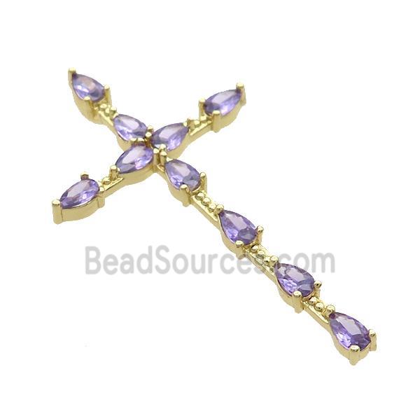 Copper Cross Pendant Pave Purple Crystal Glass Gold Plated