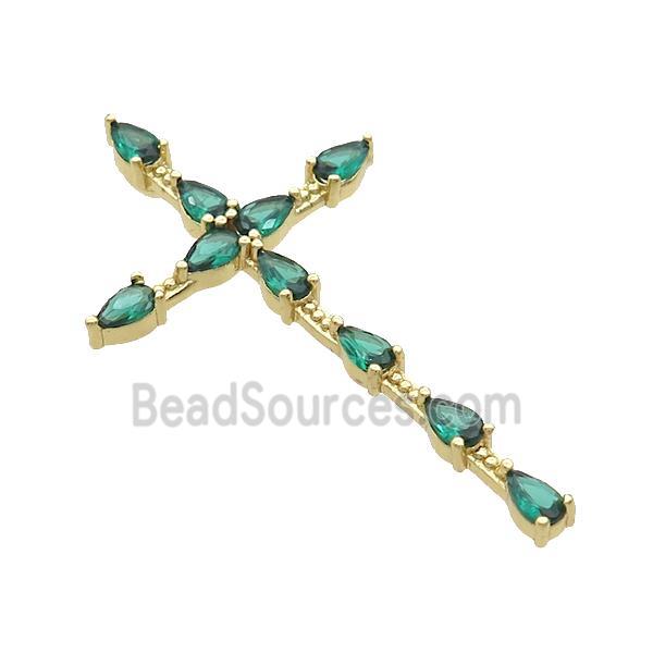 Copper Cross Pendant Pave Green Crystal Glass Gold Plated