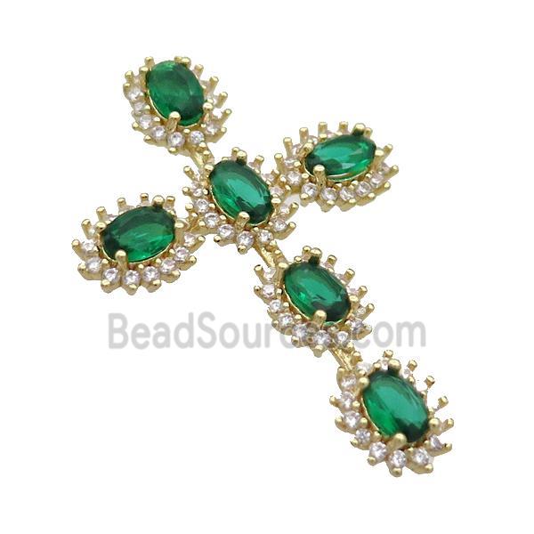 Copper Cross Pendant Pave Green Crystal Glass Gold Plated