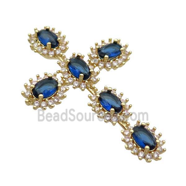 Copper Cross Pendant Pave Blue Crystal Glass Gold Plated