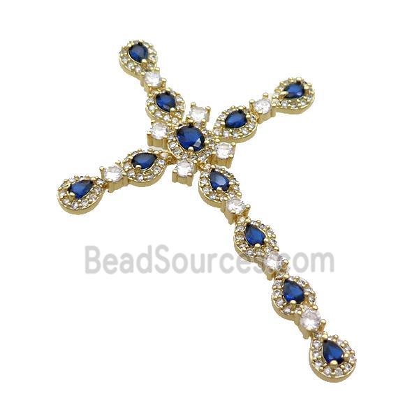 Copper Cross Pendant Pave Blue Crystal Glass Gold Plated