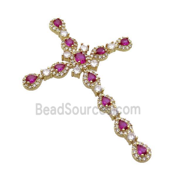 Copper Cross Pendant Pave Hotpink Crystal Glass Gold Plated