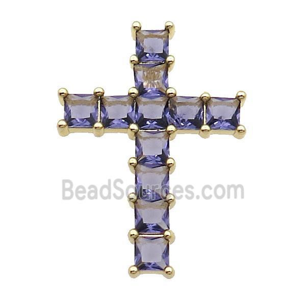 Copper Cross Pendant Pave Purple Crystal Glass Gold Plated