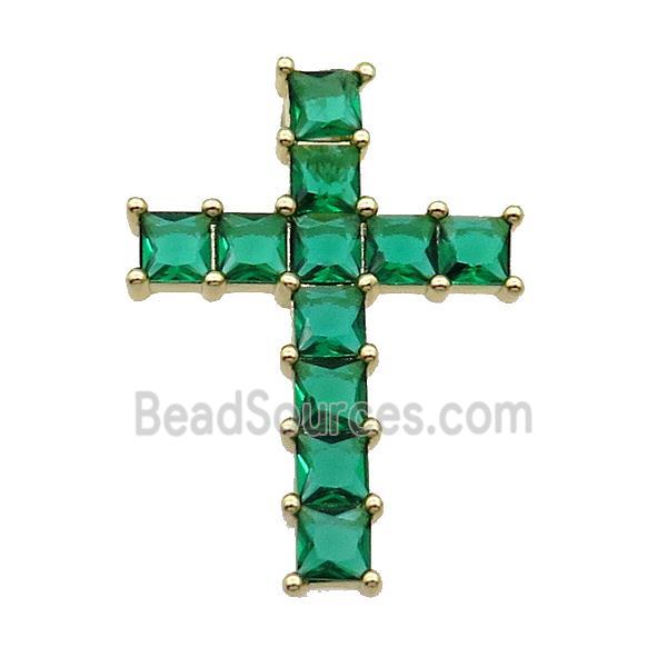 Copper Cross Pendant Pave Green Crystal Glass Gold Plated