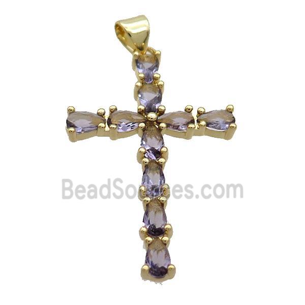 Copper Cross Pendant Pave Purple Crystal Glass Gold Plated