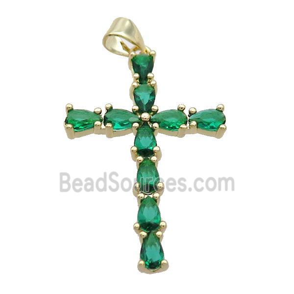 Copper Cross Pendant Pave Green Crystal Glass Gold Plated