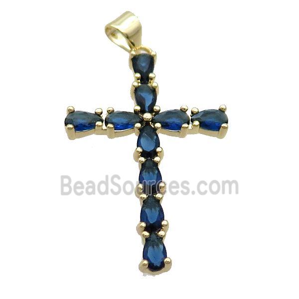 Copper Cross Pendant Pave Blue Crystal Glass Gold Plated