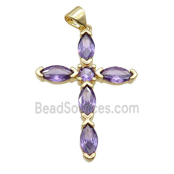 Copper Cross Pendant Pave Purple Crystal Glass Gold Plated