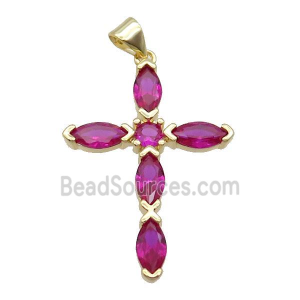 Copper Cross Pendant Pave Hotpink Crystal Glass Gold Plated