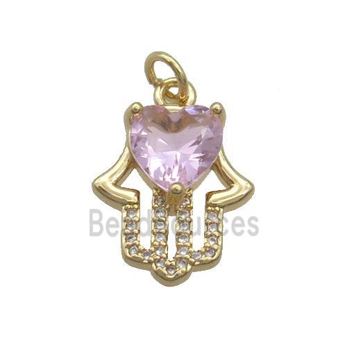 Copper Hamsahand Pendant Pave Pink Crystal Glass Gold Plated