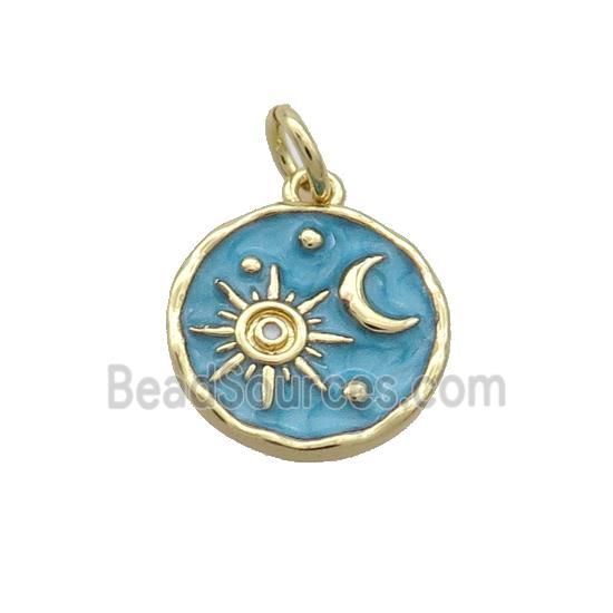 Copper Moon Sun Pendant Teal Enamel Circle Gold Plated