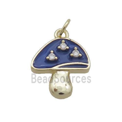 Copper Mushroom Pendant Pave Zircon Blue Enamel Gold Plated