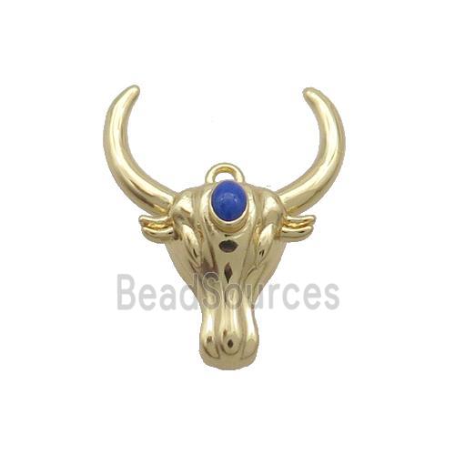 Copper Bullhead Pendant Pave Blue Crystal Gold Plated