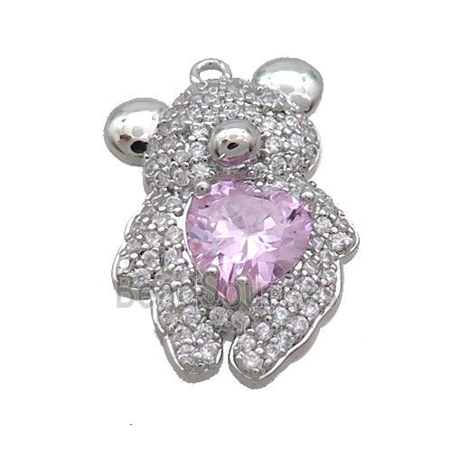 Copper Bear Pendant Pave Zircon Pink Heart Platinum Plated