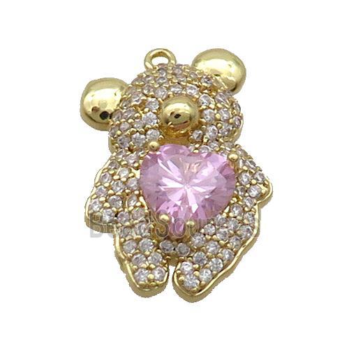 Copper Bear Pendant Pave Zircon Pink Heart Gold Plated