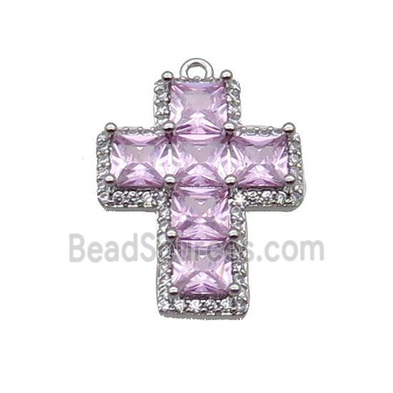 Copper Cross Pendant Pave Pink Crystal Glass Platinum Plated