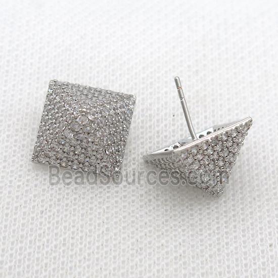 Copper Pyramid Stud Earring Pave Zircon Platinum Plated