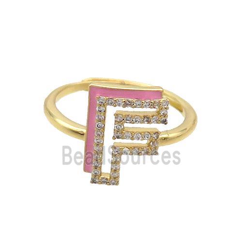 Copper Ring Pave Zircon F-Letter Adjustable Enamel Gold Plated