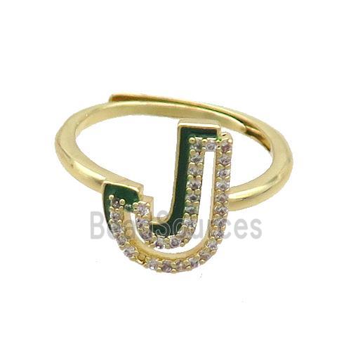 Copper Ring Pave Zircon J-Letter Adjustable Enamel Gold Plated