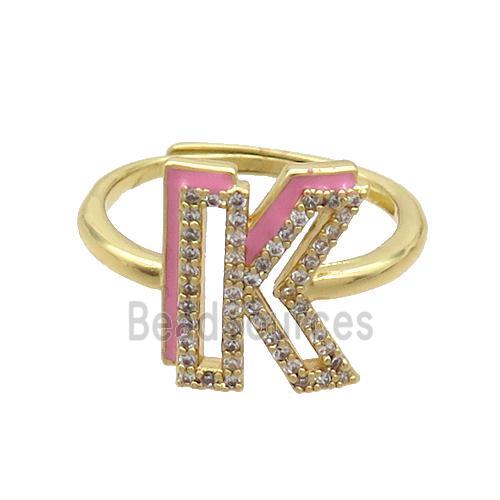 Copper Ring Pave Zircon K-Letter Adjustable Enamel Gold Plated