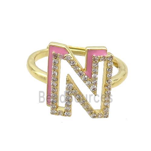 Copper Ring Pave Zircon N-Letter Adjustable Enamel Gold Plated