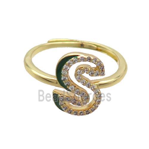 Copper Ring Pave Zircon S-Letter Adjustable Enamel Gold Plated