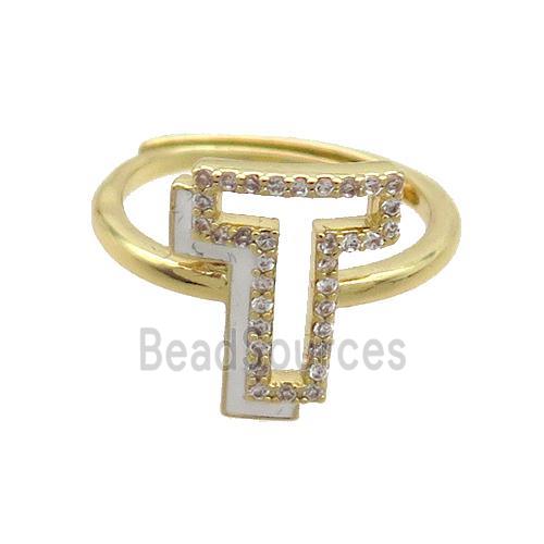 Copper Ring Pave Zircon T-Letter Adjustable Enamel Gold Plated