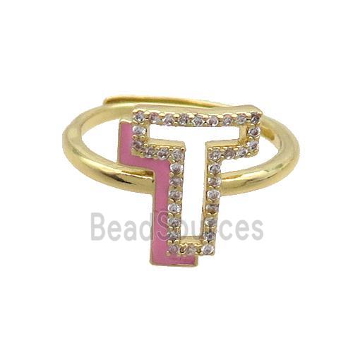 Copper Ring Pave Zircon T-Letter Adjustable Enamel Gold Plated