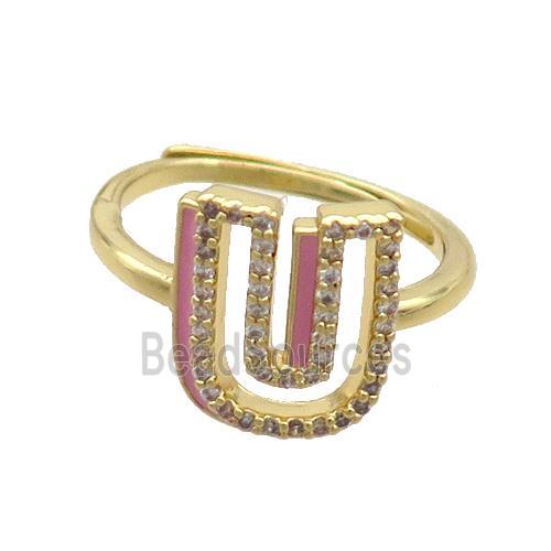 Copper Ring Pave Zircon U-Letter Adjustable Enamel Gold Plated