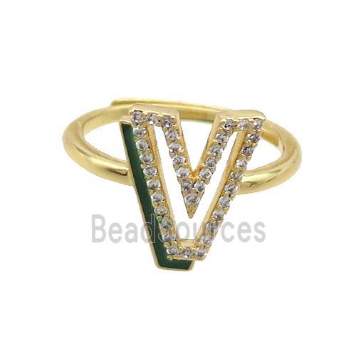 Copper Ring Pave Zircon V-Letter Adjustable Enamel Gold Plated