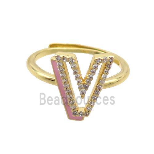 Copper Ring Pave Zircon V-Letter Adjustable Enamel Gold Plated