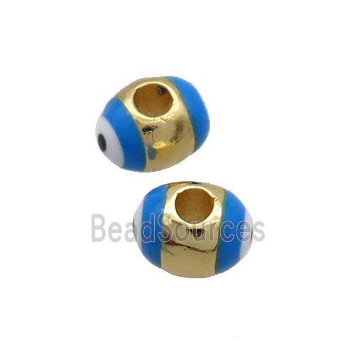 Copper Barrel Beads Blue Enamel Eye Large Hole Gold Plated