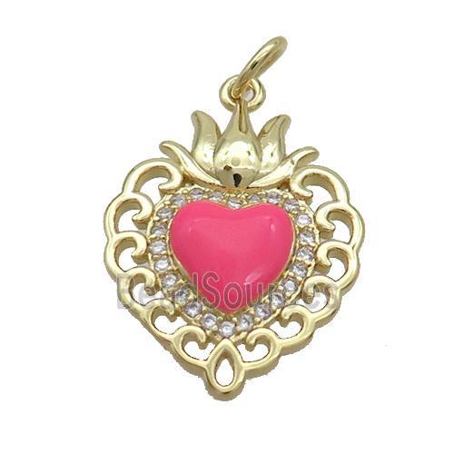 Copper Heart Pendant Pave Zircon Red Enamel Gold Plated