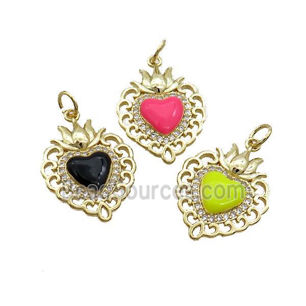 Copper Heart Pendant Pave Zircon Enamel Gold Plated Mixed