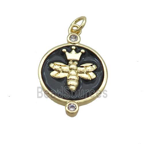 Copper Honeybee Pendant Circle Black Enamel Gold Plated