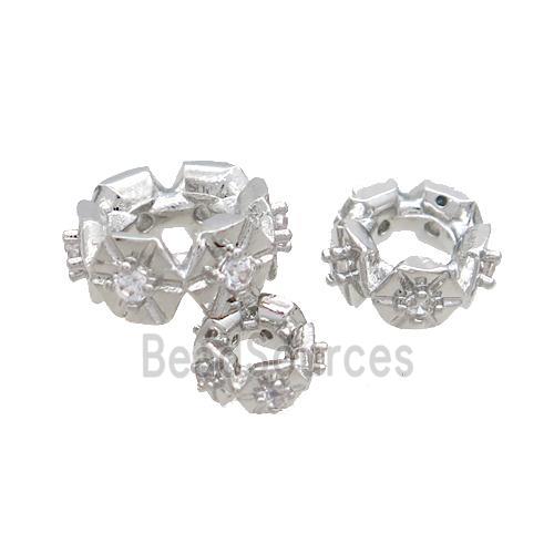 Copper Rondelle Beads Pave Zircon Large Hole Platinum Plated