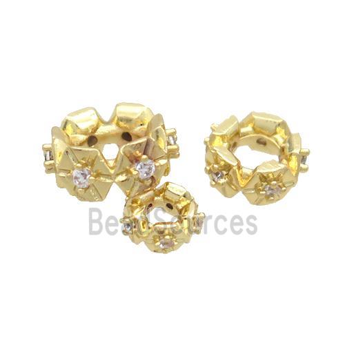 Copper Rondelle Beads Pave Zircon Large Hole Gold Plated