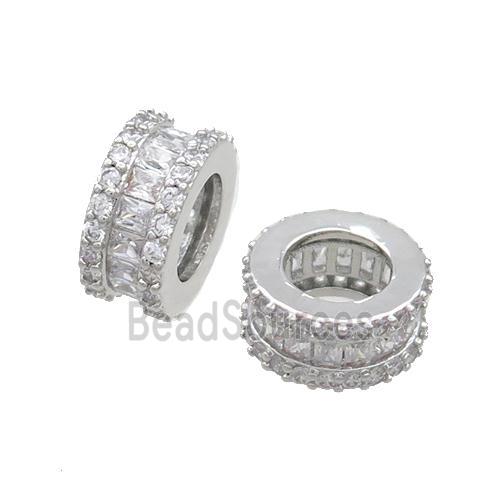 Copper Rondelle Beads Pave Zircon Large Hole Platinum Plated