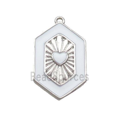 Copper Hexagon Pendant White Enamel Heart Platinum Plated