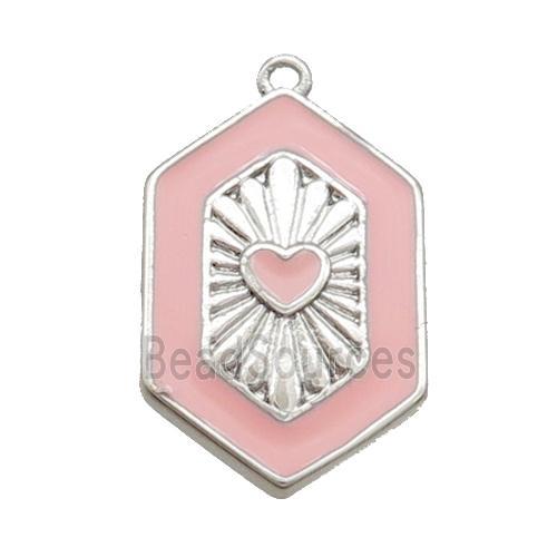 Copper Hexagon Pendant Pink Enamel Heart Platinum Plated