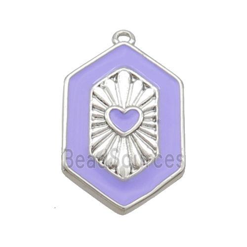 Copper Hexagon Pendant Lavender Enamel Heart Platinum Plated