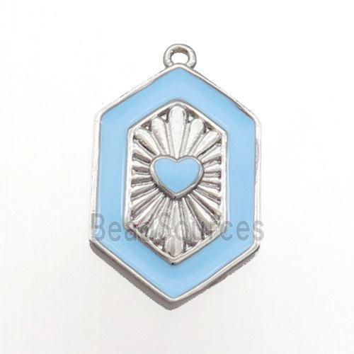 Copper Hexagon Pendant Blue Enamel Heart Platinum Plated