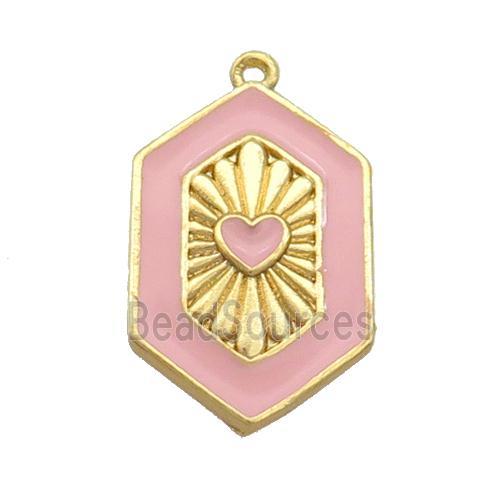 Copper Hexagon Pendant Pink Enamel Heart Gold Plated