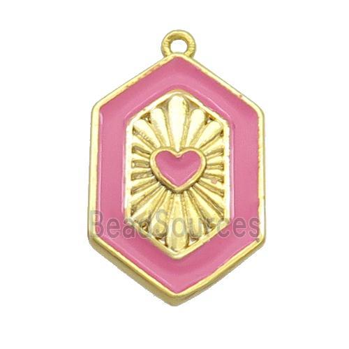 Copper Hexagon Pendant Pink Enamel Heart Gold Plated