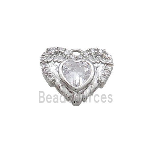 Copper Heart Pendant Pave Zircon Angel Wing Platinum Plated