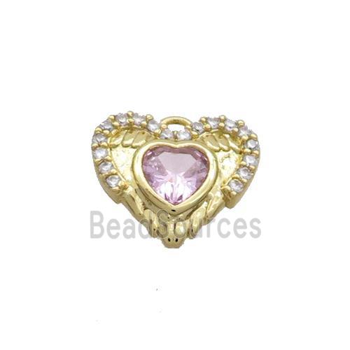 Copper Heart Pendant Pave Zircon Angel Wing Gold Plated