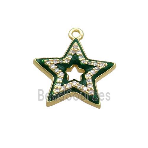 Copper Star Pendant Pave Zircon Green Enamel Gold Plated