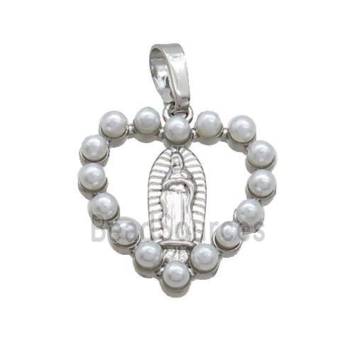 Copper Heart Pendant Pave Pearlized Plastic Virgin Mary Platinum Plated