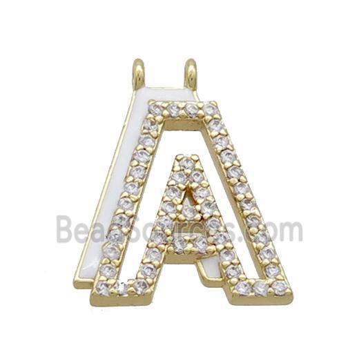 Copper Pendant Pave Zircon White Enamel Letter-A 2loops Alphabet Gold Plated