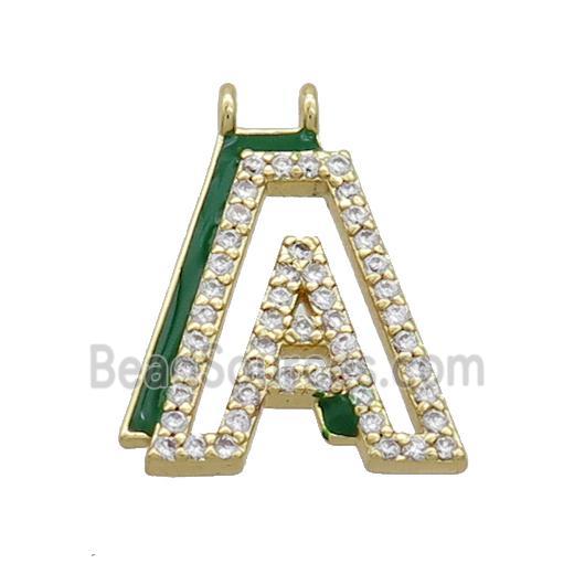 Copper Pendant Pave Zircon Green Enamel Letter-A 2loops Gold Plated